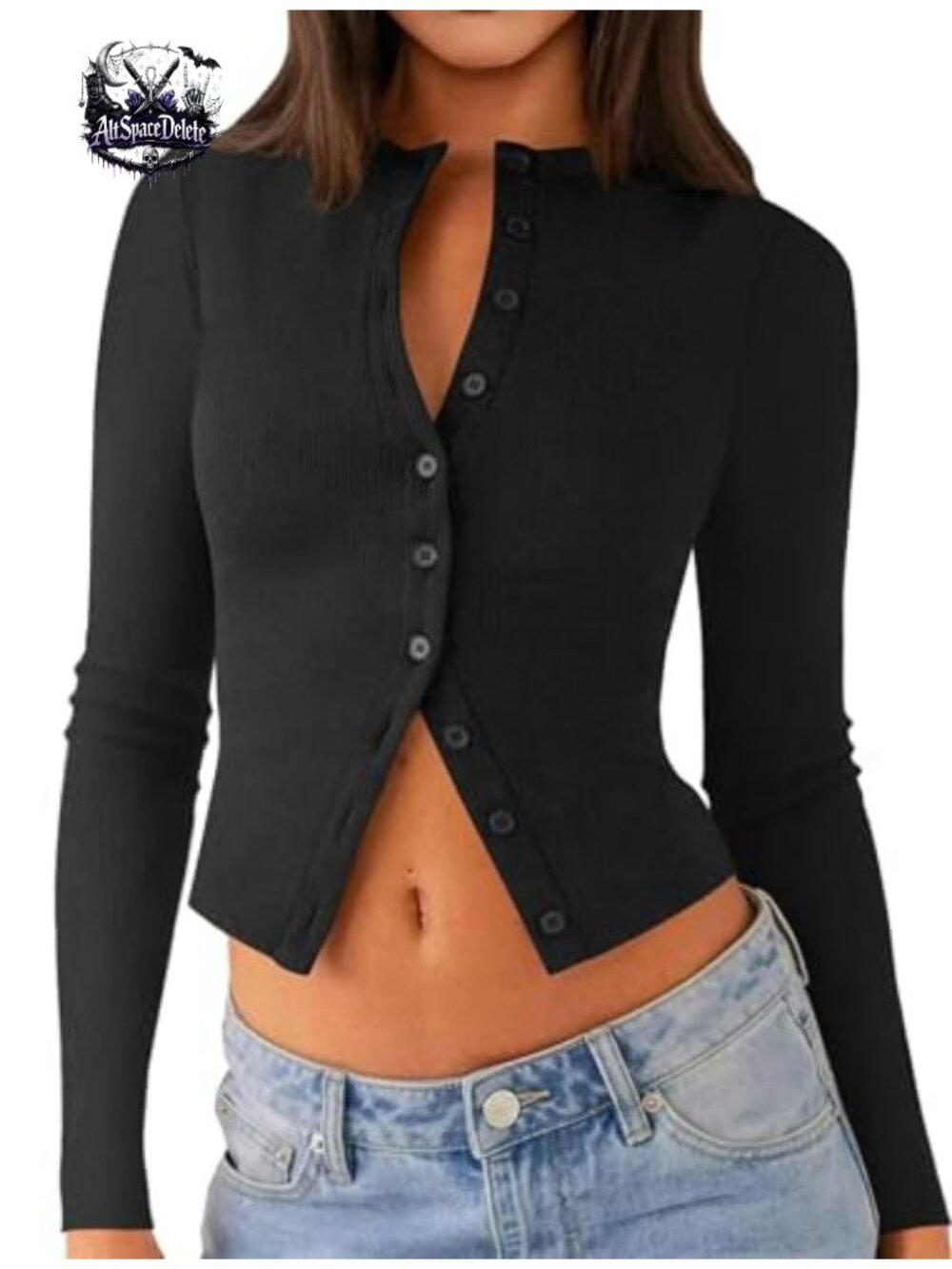 Ribbed Long Sleeve Crop Cardigan Button Up Y2K Top Lightweight Sweater